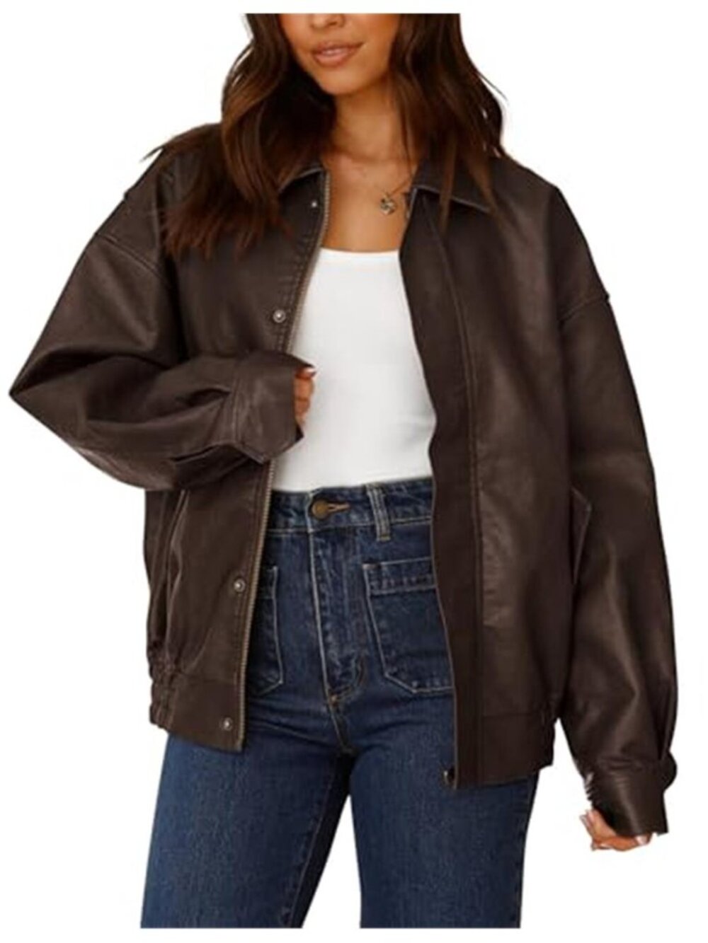 Womens Faux Leather Jacket Oversized Moto Biker Zip Up Coat Long Sleeve Pockets